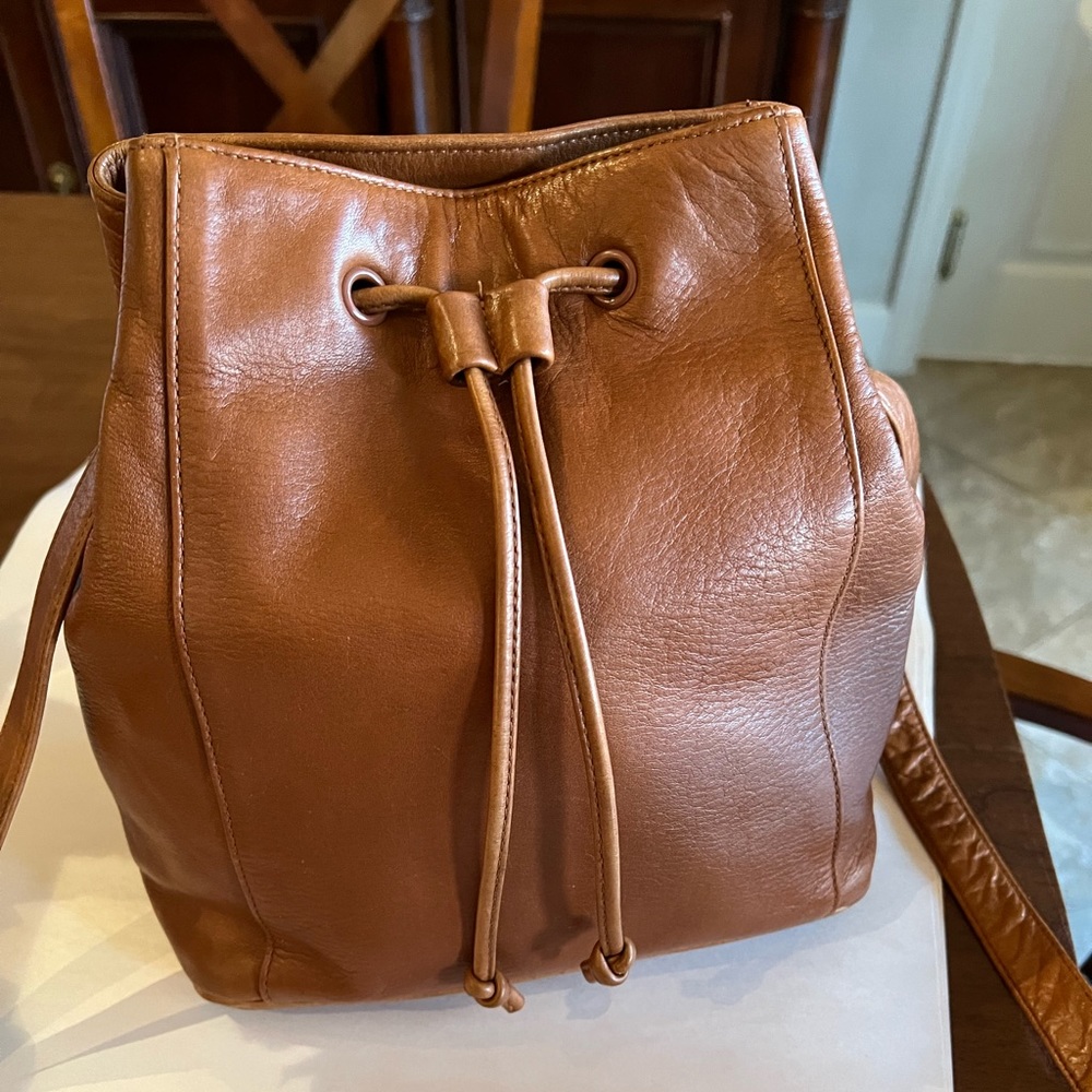 Vintage I.Magnin British Tan Draw-string Bucket Bag